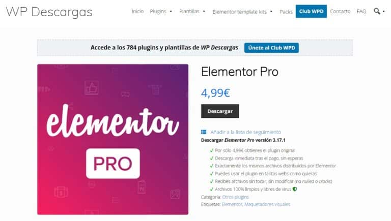 Elementor en WP descargas